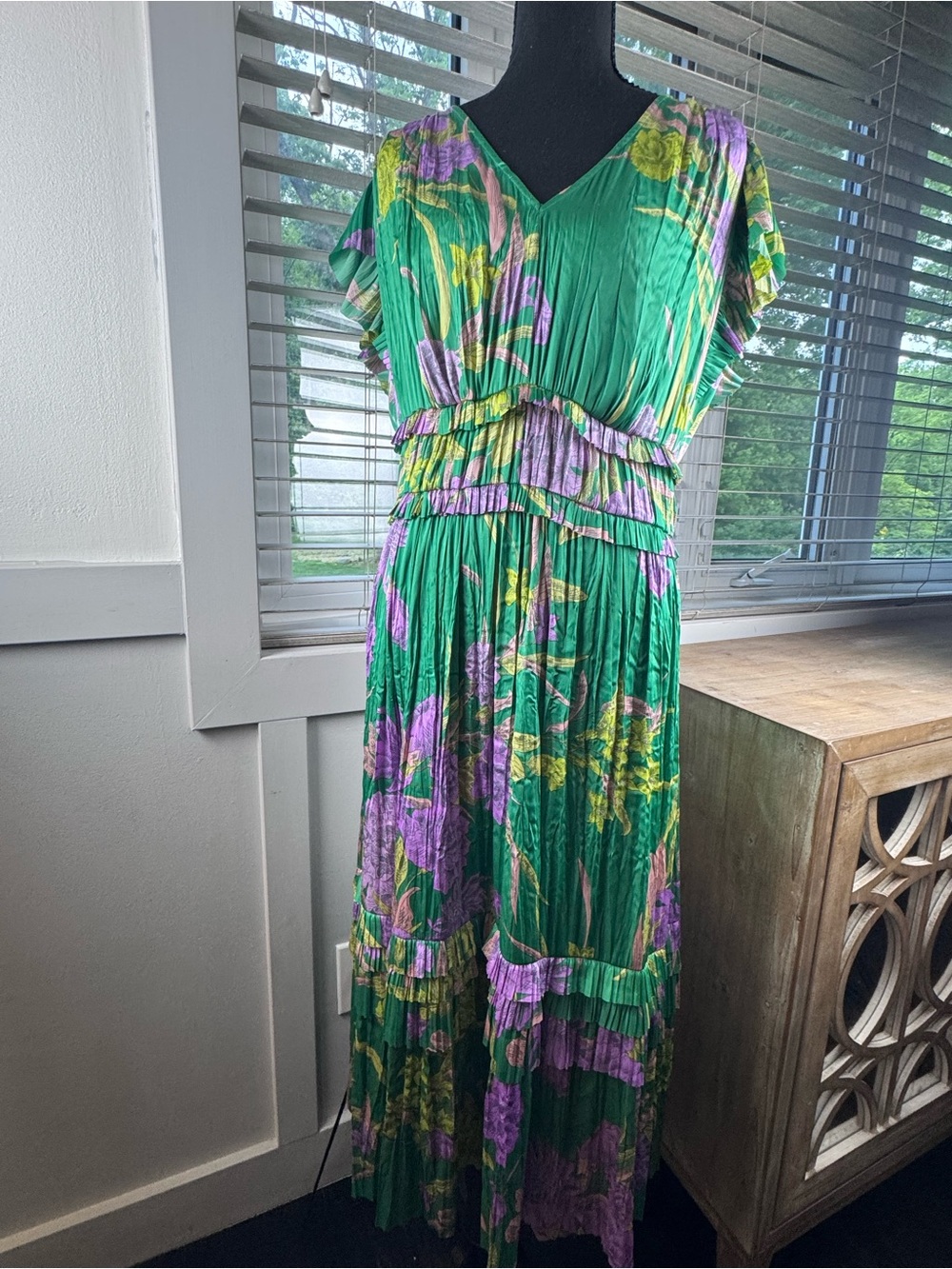 Current Air Green Floral V-Neck Tiered Maxi Dress with Purple Accents